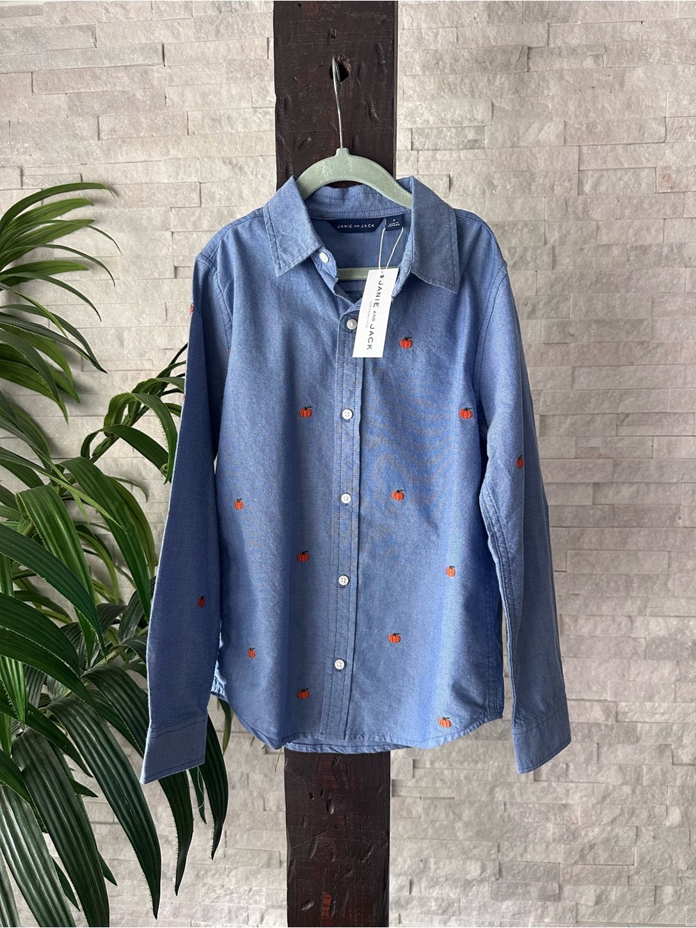 Janie and Jack Harvest Pumpkin Embroidered Button Down Shirt Size 8 New Tags